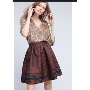 Anthropologie Eri + Ali Metallic Copper Brocade Lace Trim Mini Skirt Size 12